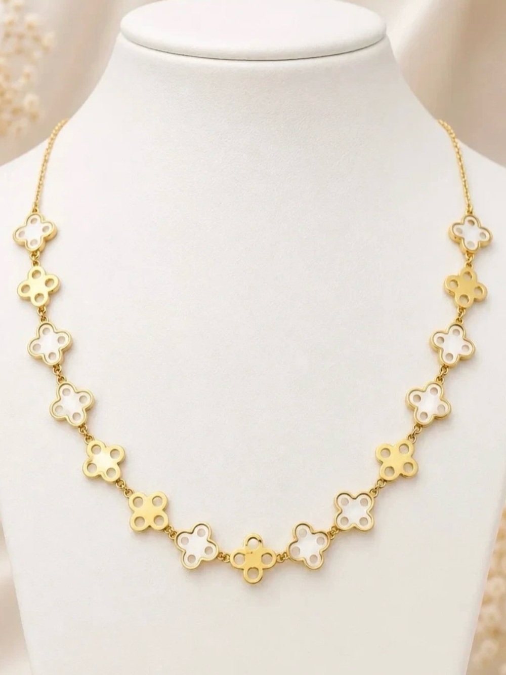 Tory Burch Gold and White Clover Station Necklace choker